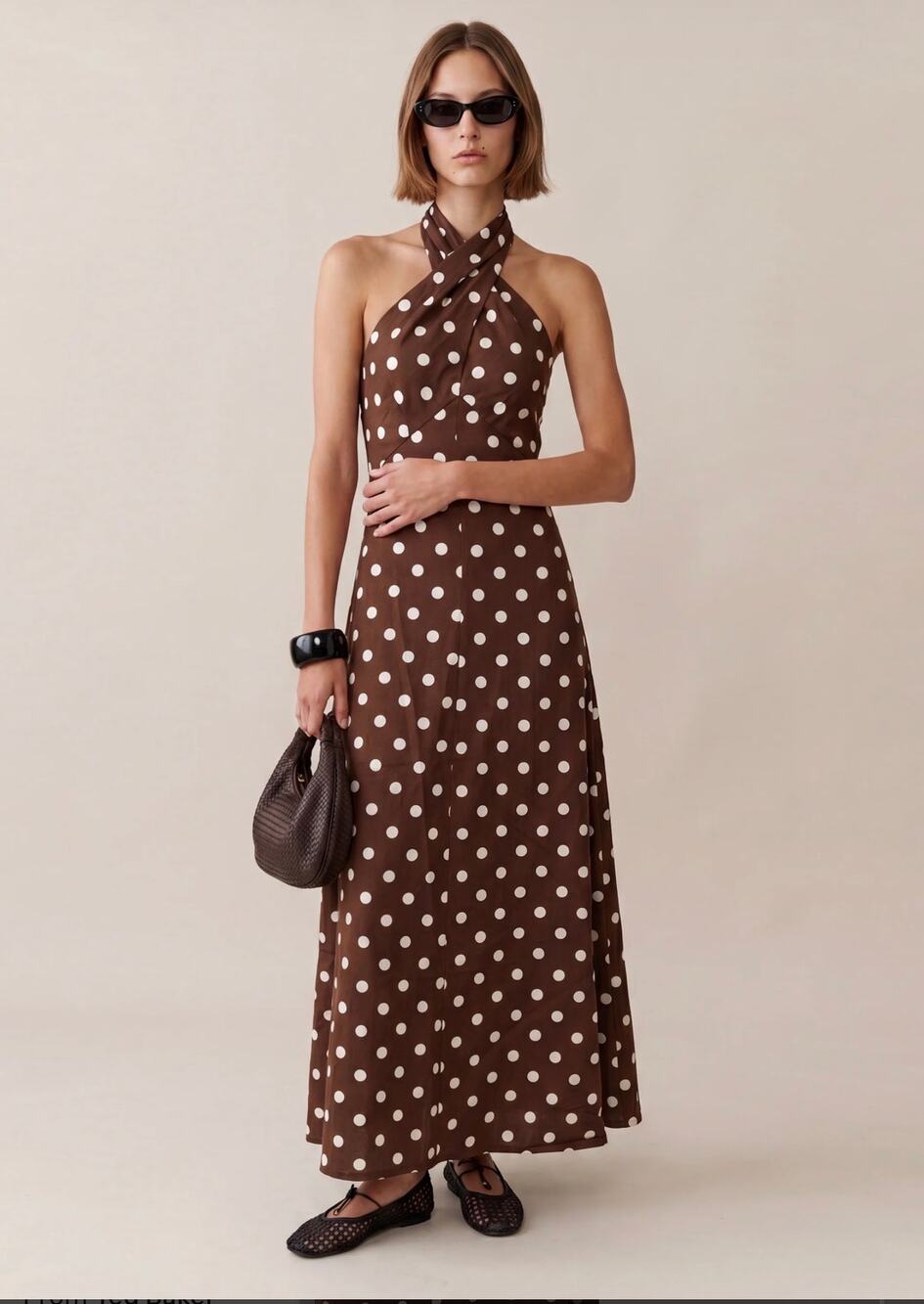 O.P.T Few Moda Noelle Brown Polka Dot Halter Open Back Maxi Dress Size S